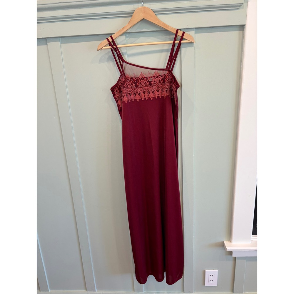 Burgundy Embroidered Mesh Maxi Slip Dress Nightgown One Size 90s Y2K Romantic